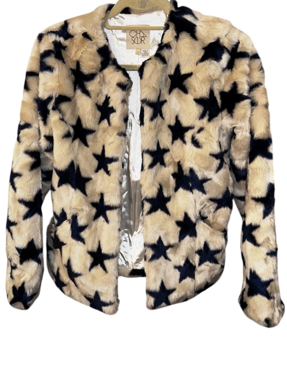 Cha Sor white faux fur navy blue stars short coat S as new condition